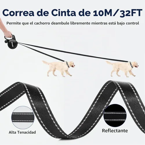 Vista 2 de Correa retráctil para perro de 32 pies con tiras reflectantes, control de un botón y material de nailon resistente, correa larga retráctil