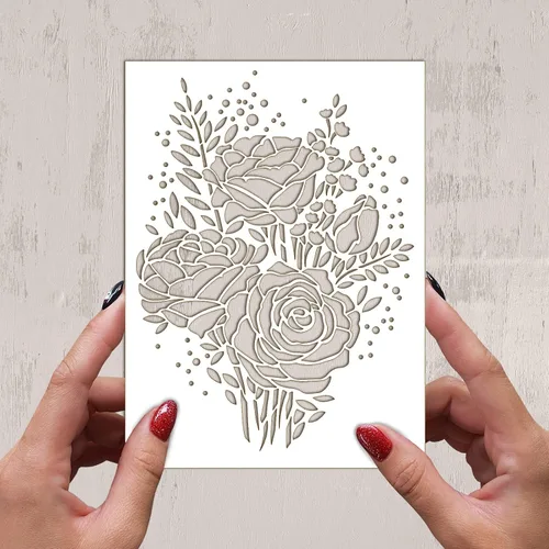 Vista 2 de Plantilla decorativa FLONZ de 6 x 8 pulgadas, ramo de flores de peonías y rosas para pintura de pared, álbumes de recortes y decoración de pasteles
