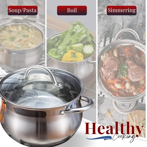 Vista 6 de Alpine Cuisine Horno holandés de acero inoxidable de 2 cuartos de galón con tapa de vidrio templado, forma de vientre, resistente y apto