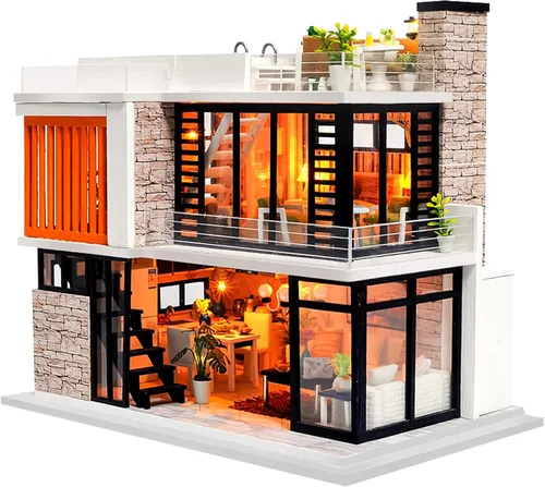 Vista 10 de Kit de casa de muñecas en miniatura Spilay para bricolaje, kit de casa de muñecas con muebles de madera, cubierta a prueba de polvo, caja de música