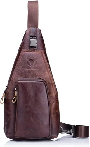 Vista 5 de Bolso de pecho de cuero genuino para hombre, bolso cruzado de hombro, bandolera, mochila de mensajero, mochila para negocios, casual