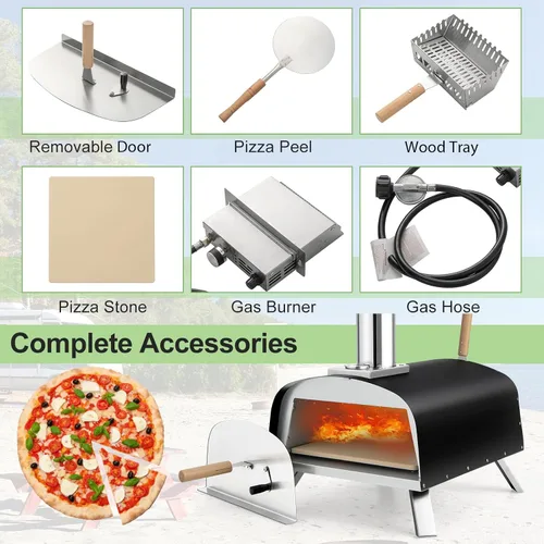 Vista 5 de Giantex Horno de pizza al aire libre, propano y leña con piedra para pizza de 13 pulgadas, cáscara de pizza, quemador de gas con regulador