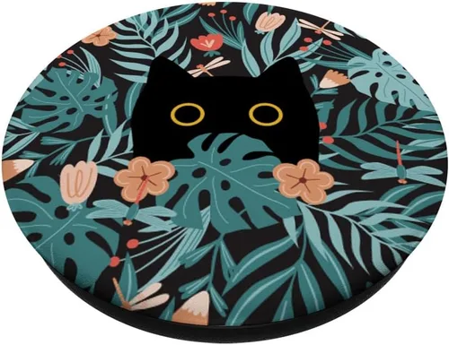 Vista 2 de Gato negro en flores botánicas patrón floral verde lindo gato PopSockets estándar PopGrip