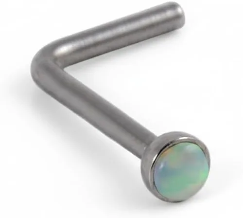 Vista 22 de Piercing para la nariz, calibre 22, relleno de oro de 14 quilates, simple en forma de L con ópalo blanco, pin de nariz de oro único, joyería Negro-L