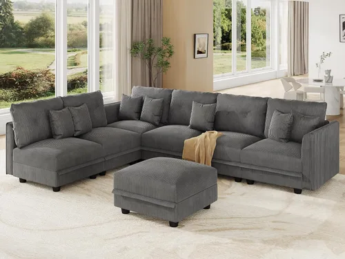Vista 46 de LLappuil Sofá seccional modular con asientos de almacenamiento, sofá seccional convertible modular en forma de U de pana para sala de estar, sofá