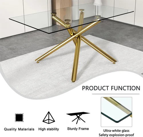 Vista 6 de LKTART Mesa de comedor rectangular de vidrio de 71 pulgadas con mesa de vidrio templado de 0.39 pulgadas y patas de metal cromado dorado