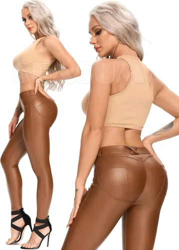Vista 2 de SEASUM - Leggings de cuero sintético para mujer, pantalones elásticos, de cintura alta y realce de glúteos, pantalones sexis color negro