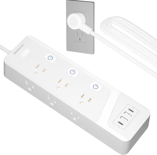 Vista 11 de Regleta protectora contra sobretensiones con interruptores individuales, 6 tomas de corriente ampliamente espaciadas con 2 USB C y 2 USB A, cable