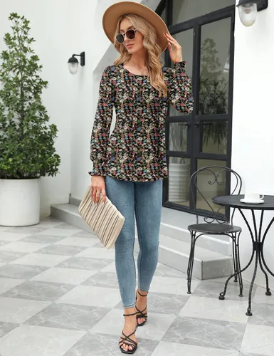 Vista 4 de LOMON Blusa de manga larga y corta para mujer, plisada, cuello redondo, estilo casual, holgada, para otoño