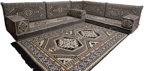 Vista 145 de arabicsofa Juego de asientos Jalsa en forma de L – Majlis árabe hecho a mano con almohadas de respaldo