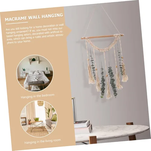 Vista 5 de DECHOUS Tapiz de algodón de macramé, 1 juego, tapiz de algodón, guirnalda verde, decoración de madera, beige, escultura de boda, macramé para colgar