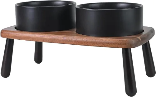 Vista 10 de SPUNKYJUNKY Cuencos elevados de cerámica para perros con soporte de bambú de acacia, juego de cuencos de agua y comida para perros y gatos de 6.1