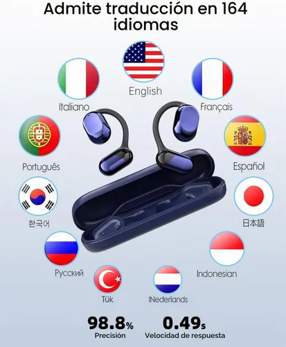 Vista 2 de AI Translator Earbuds Open-ear, 164 idiomas, traducción en tiempo real Azul