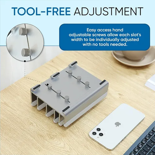 Vista 3 de Elestoria Soporte vertical para laptop de 5 ranuras, soporte vertical de aluminio para computadora de escritorio, ancho ajustable (0.472-1.496 in)