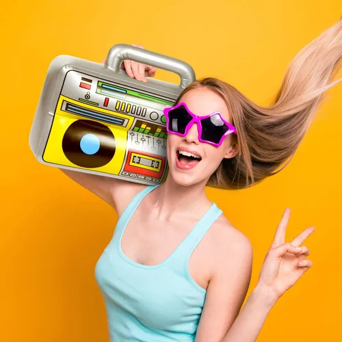 Vista 5 de Boombox inflable y teléfono móvil, 3 unidades, suministros para fiestas de los años 80 y 90, accesorios para cosplay, accesorios para disfraz
