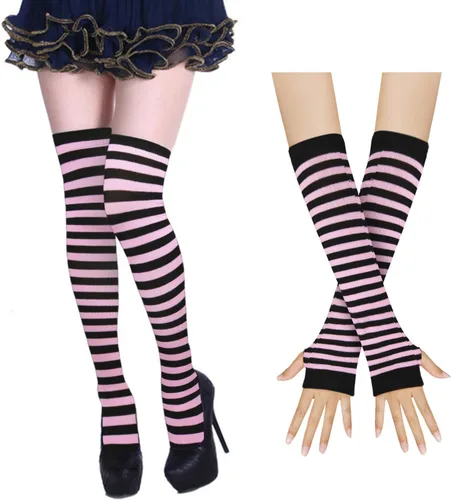 Vista 21 de Benefeet Sox Conjunto de calcetines altos hasta el muslo a rayas arcoíris para mujer, calentadores de brazos, guantes sin dedos, disfraz