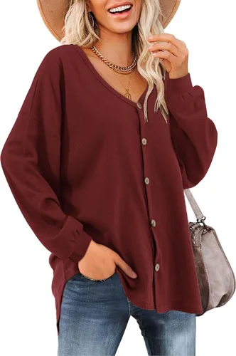 Vista 7 de Beluring Women's Shirts V Neck Long Sleeve Waffle Knit Button Up Tunic Tops Blouse verde militar (s-army green)