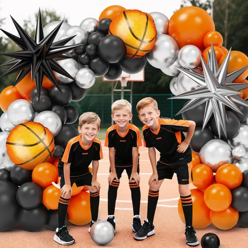 Vista 6 de Kit de guirnalda de arco de globos de baloncesto, 97 piezas de 18, 10, 5 pulgadas, globos de baloncesto negros y naranjas con globos de aluminio