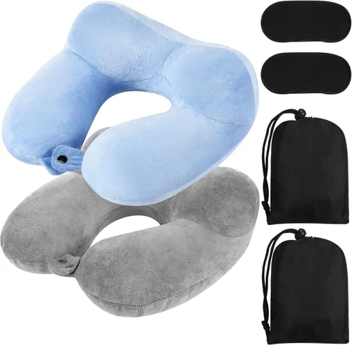 Vista 8 de Sintuff Paquete de 2 Almohadas de Viaje Inflables para Aviones Almohadas de Vuelo Inflables para el Cuello con Bolsa Compacta y Antifaz para Viajar