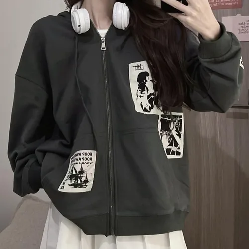 Vista 2 de Y2K - Sudadera con capucha para mujer, diseño de retazos grunge, con cremallera, Acubi Emo de gran tamaño, gótico, ropa Alt