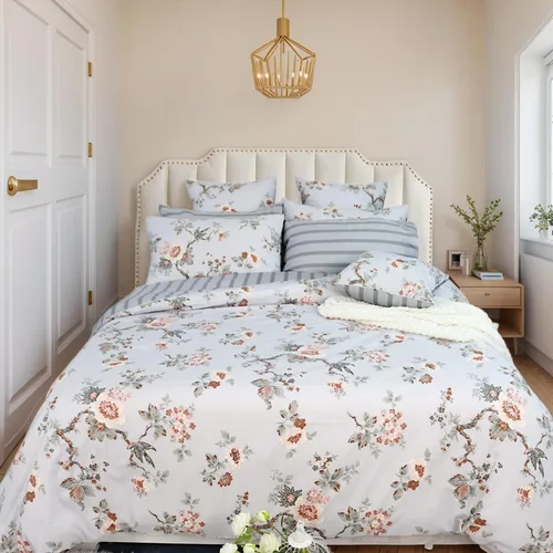 Vista 28 de FADFAY Juego de funda de edredón tamaño individual azul con flores de rosa y peonía, ropa de cama rústica con flores de peonía, juego de funda
