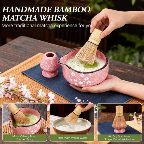 Vista 10 de Juego de Batidores de Matcha, 7 Piezas Juegos de Matcha de Cerámica con Cuenco, Batidor de Bambú y Soporte, Toalla, Tamiz, Cuchara de Bambú