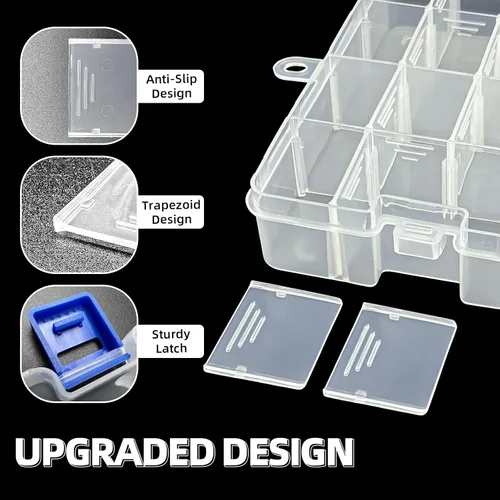 Vista 4 de DUOFIRE Organizador de plástico, caja de almacenamiento, divisor ajustable, compartimento de rejilla extraíble, caja de ranura transparente grande