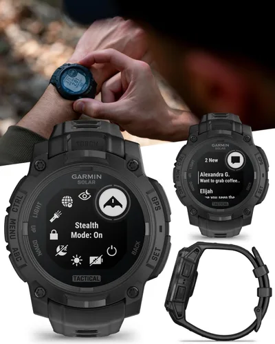 Vista 3 de Garmin Instinct 3 Edición Táctica, Pantalla de Carga Solar, 45mm, Reloj Inteligente GPS Resistente para Exteriores con Soporte de Balística