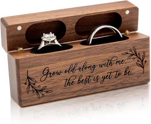 Vista 10 de MUUJEE The Adventure Begins - Caja de doble anillo – Caja de madera delgada grabada para boda, ceremonia de compromiso, propuesta de anillo – Ideas