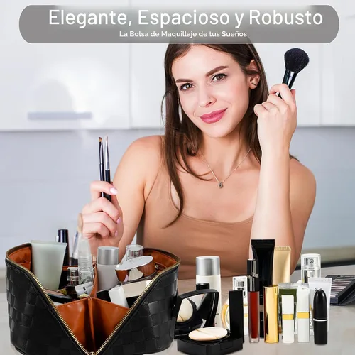 Vista 2 de Bolsa de cosméticos de viaje de gran capacidad - Bolsas de maquillaje portátiles para mujeres, impermeable, de cuero PU a cuadros, con organizador