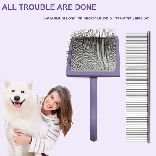 Vista 2 de Slicker - Cepillo ergonómico con mango de madera para caniches, Goldendoodles y otros perros de pelo largo (morado)