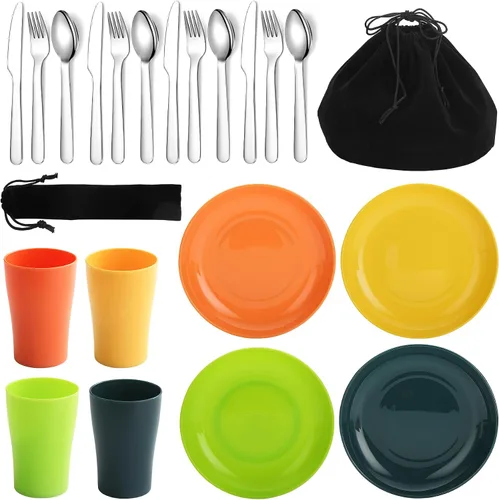 Vista 8 de Evanda Juego de cubiertos de camping, taza ligera reutilizable, plato y cubiertos de acero inoxidable con bolsa negra, apto para lavavajillas 1.1