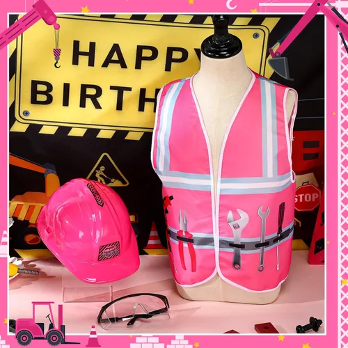 Vista 4 de Handepo Disfraz de trabajador de la construcción con sombrero duro, chaleco de construcción, gafas, conjunto de disfraz para fiesta de cumpleaños