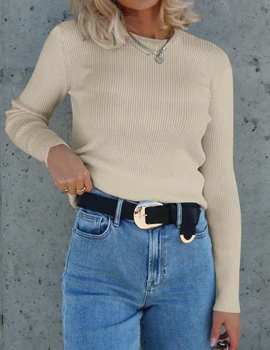 Vista 9 de ZESICA Camisetas de manga larga con cuello redondo para mujer, para otoño, de punto acanalado, ajustadas, casuales, color sólido, básicas