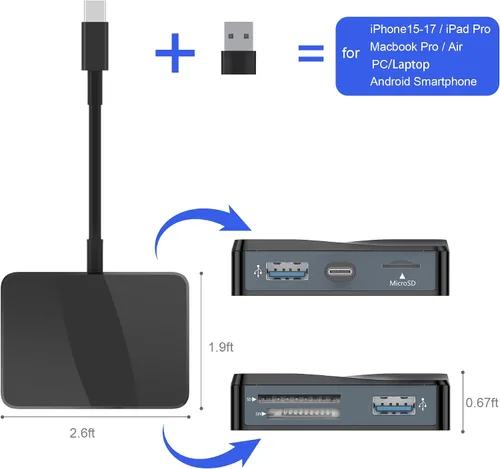 Vista 3 de Lector de tarjetas SD, adaptador de tarjeta USB-C y USB 5 en 1 con SD/MicroSD/MS y puertos USB-A duales lector de tarjetas de memoria para iPhone