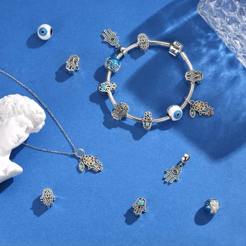 Vista 6 de AIEGNOS Abalorios de plata de ley 925 para pulsera y joyería de la suerte, abalorios de Hamsa de Fátima, abalorios europeos compatibles con el mal