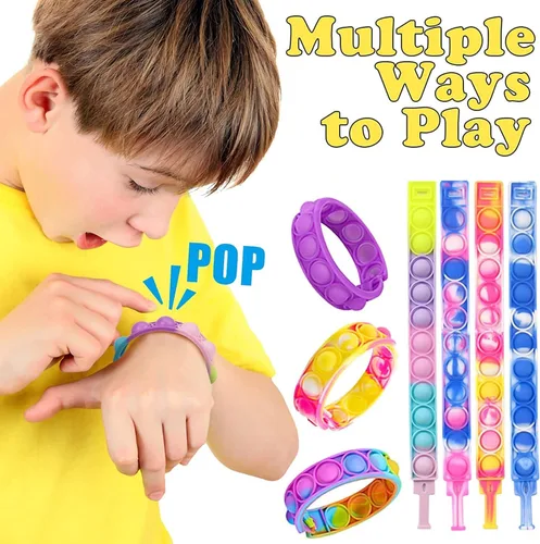 Vista 3 de 15 pulseras Push Pop, recuerdo de fiesta para niños, paquete de juguetes para la ansiedad, pulsera para aliviar el estrés para niñas, niños