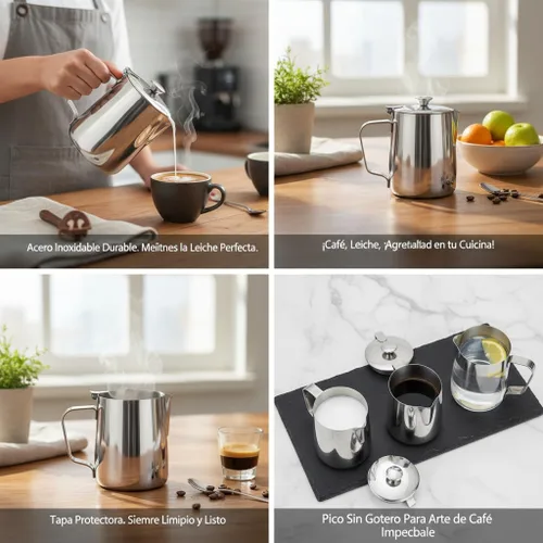 Vista 8 de Jarra de espuma de leche de acero inoxidable 11.8 fl oz con tapa, para arte con leche y espuma de café