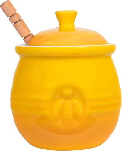 Vista 7 de Creative Co-Op Farmhouse - Tarro de miel de gres en relieve con cucharón de miel de madera, naranja ámbar