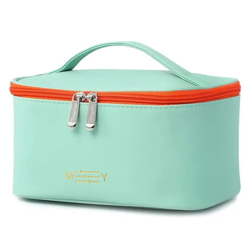 Vista 17 de Bolsa de maquillaje pequeña para mujeres, con cremallera, organizador, impermeable, bonita (azul claro)