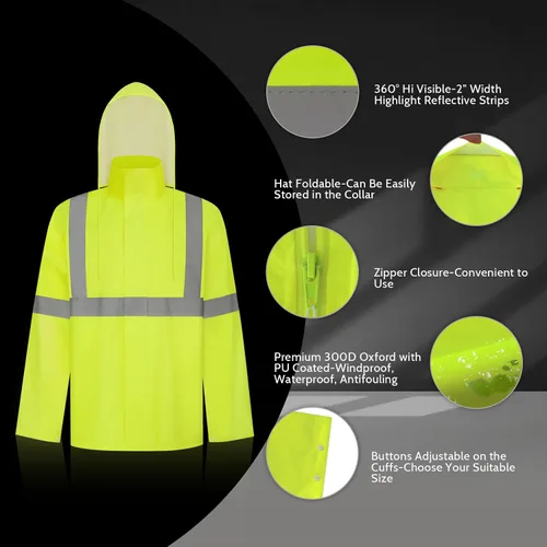Vista 8 de TCCFCCT Chaqueta de lluvia de alta visibilidad para hombre, impermeable, abrigo de lluvia de alta visibilidad para hombres y mujeres con capucha