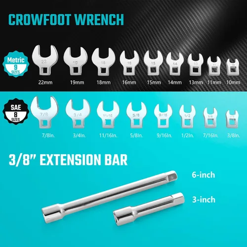 Vista 3 de DURATECH 3/8" Drive Crowfoot Wrench Set with 2 Extension Bars, SAE & Metric, 19-Piece, 10-22mm & 3/8"-7/8", CR-V Steel, with EVA Foam Tool Organizer