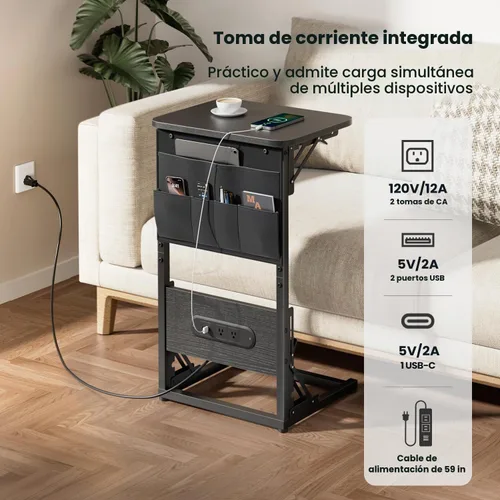 Vista 4 de HLDIRECT - Mesa auxiliar en forma de C con estación de carga, mesa lateral para sofá con bolsa de almacenamiento, bandeja para TV ajustable