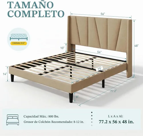 Vista 2 de HOOMIC Marco de cama tapizado completo con cabecero, color beige Beige claro