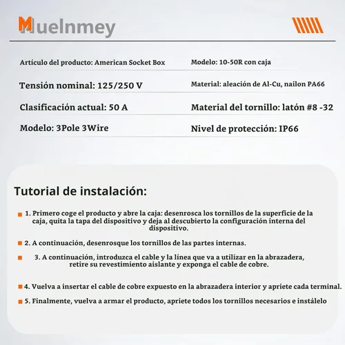 Vista 2 de Caja de toma de corriente de 50 amperios, receptáculo NEMA 10-50R de 125/250 voltios, resistente al polvo y a la intemperie para vehículos