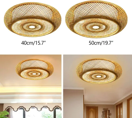 Vista 7 de Lámpara moderna de 3 luces, lámpara de interior, lámpara de techo vintage de bambú, lámpara colgante de linterna de ratán para cocina, comedor