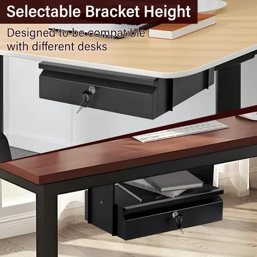 Vista 7 de Cajón para debajo del escritorio, 15.7 x 11.8 x 4.3 pulgadas Under Desk Pull Out Drawer with Lock and Keys, 4.3” & 7.5” Optional Bracket Height