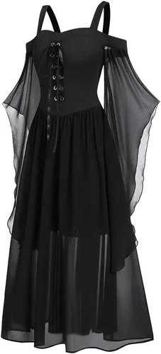 Vista 3 de Vestido punk gótico para mujer, hombros descubiertos, manga mariposa, vestido de fiesta de Navidad o cosplay