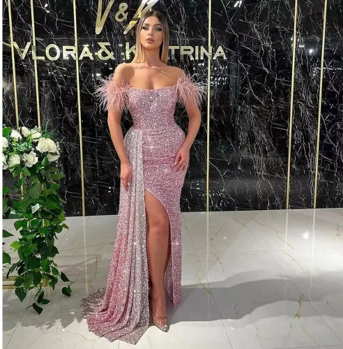 Vista 8 de Vestido de fiesta de lentejuelas de plumas 2024 con abertura y hombros descubiertos, vestidos de noche formales de sirena
