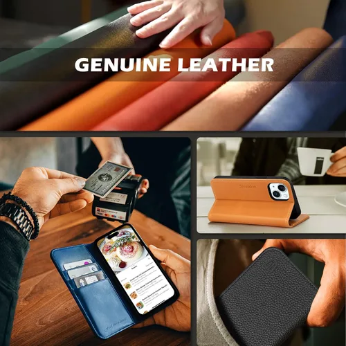 Vista 9 de SHIELDON Funda para iPhone 15 6.1" 2023, Funda Tipo Cartera de Cuero Genuino con [Soporte] [Tarjetero con Bloqueo RFID] [Magnética] Cubierta